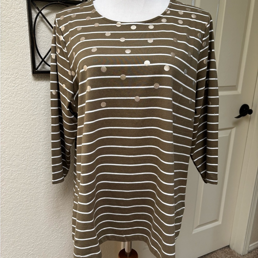 Denim&Co Khaki Top with Gold Dots and White Stripes